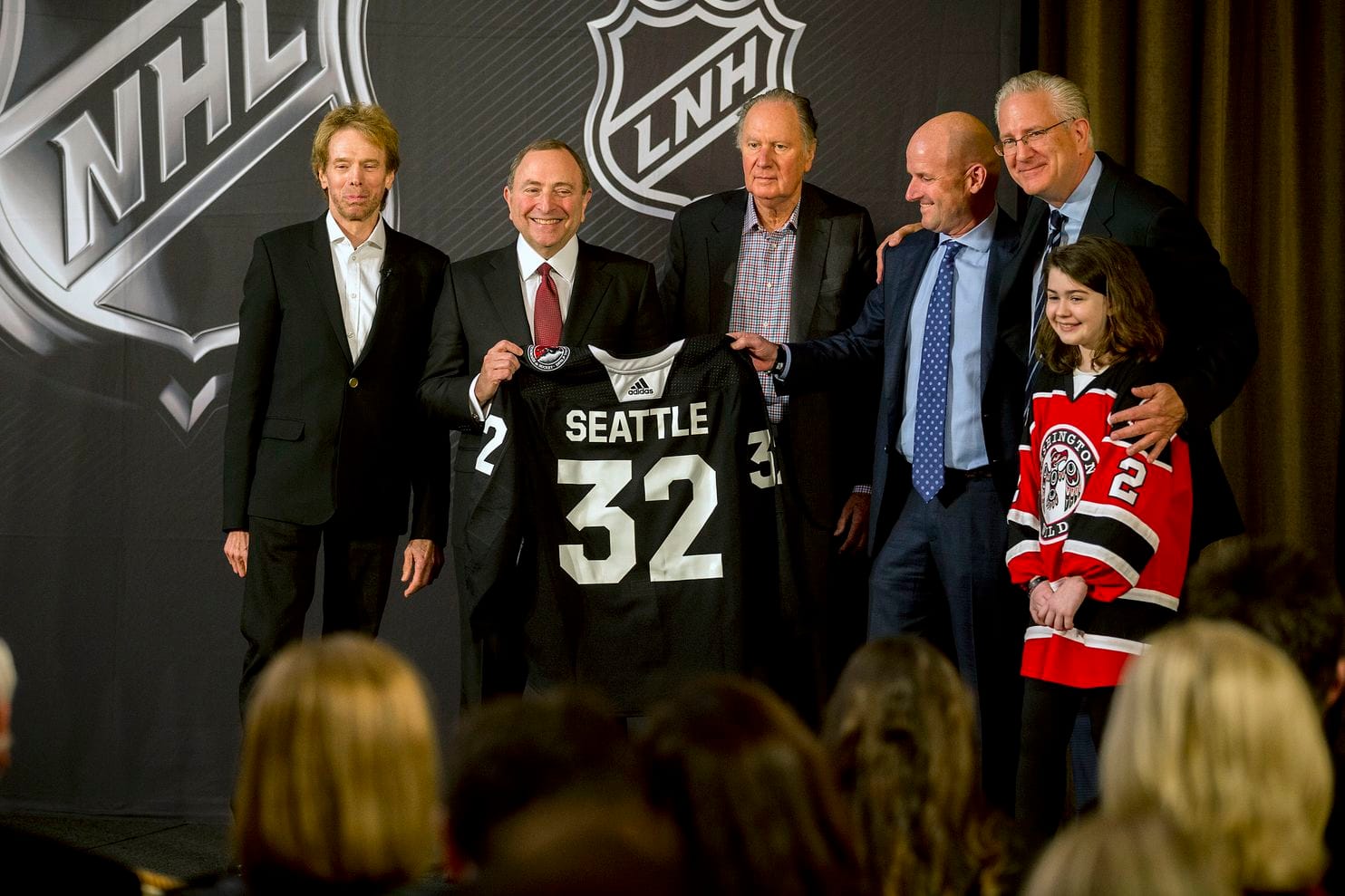 NHL Commissioner Gary Bettman with officials from the new Seattle hockey group.